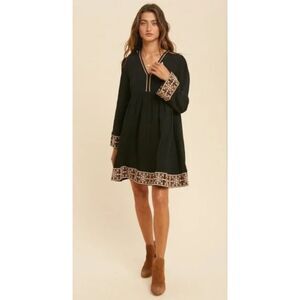 In Loom Black V Neck Embroidered Long Sleeve Boho Comfy Tunic Dress Cotton Sz M